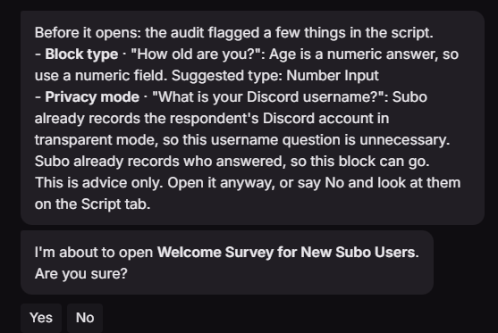The open-project dialog in the web app, with two audit findings listed above the Yes and No buttons