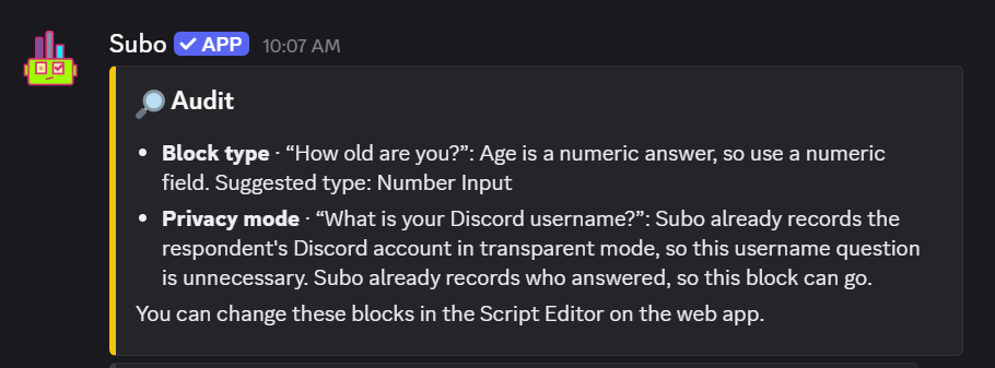 The Audit box in Discord, listing a block type finding and a privacy mode finding