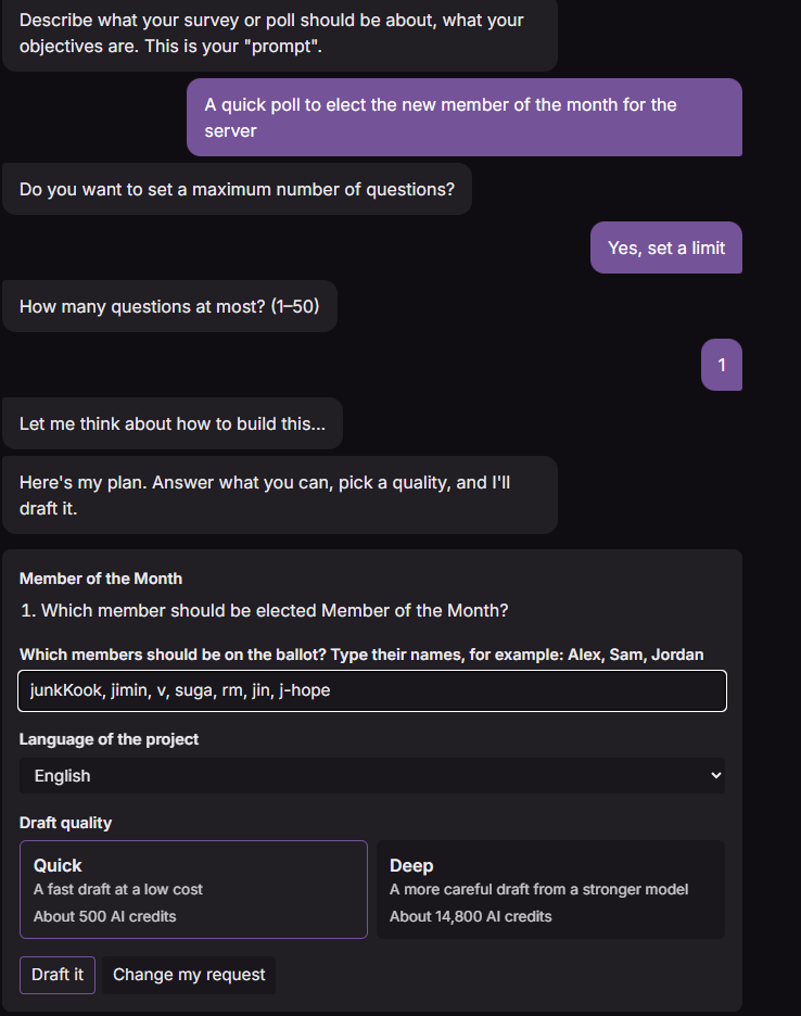 The drafting plan for a Member of the Month poll: the outline, a question about who is on the ballot, the project language, and the Quick and Deep options with their credit estimates