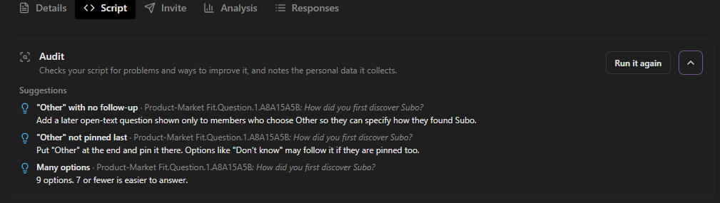 The Audit panel on the Script tab, with three suggestions about an "Other" option and a long option list