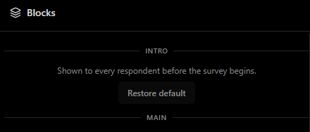 The Blocks panel with an empty INTRO section and a Restore default button