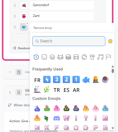 The emoji picker open on an answer option, showing Frequently Used and Custom Emojis sections