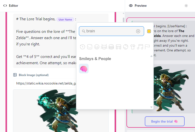 The emoji picker open in light mode with "brain" typed, next to a live preview of the finished message