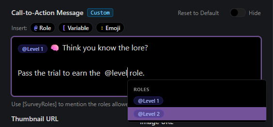 The role picker open in the Call-to-Action Message field on the Invite tab, in dark mode, with an @Level 1 chip already in the message