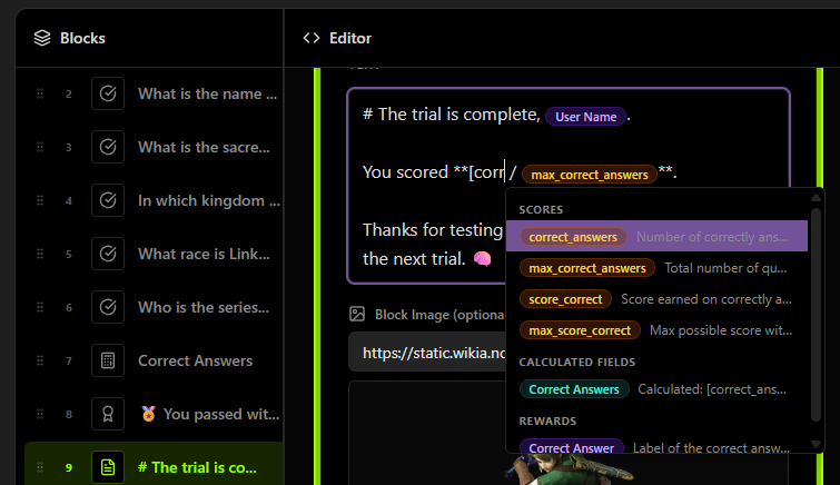 The variable picker on a final block, showing the Scores category with correct_answers and max_correct_answers