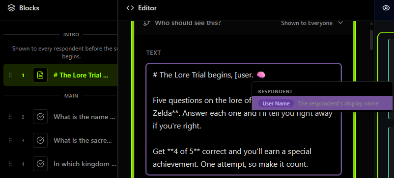 The variable picker in the Script Editor showing the Respondent category with User Name