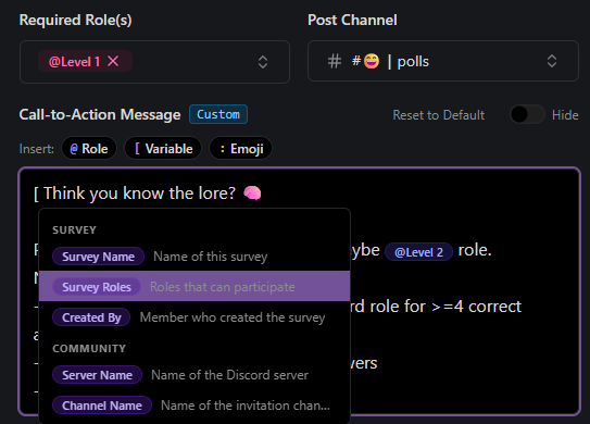 The variable picker open in the Call-to-Action field, showing Survey and Community categories