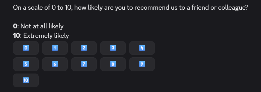 A Discord NPS question showing the standard recommendation wording, the anchors 0: Not at all likely and 10: Extremely likely, and eleven keycap buttons from 0 to 10 laid out in rows of five, five and one