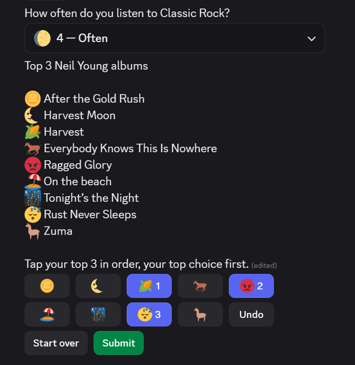 A Discord ranking in emoji mode, with nine Neil Young albums listed above with their emoji and a row of emoji-only buttons below carrying rank numbers 1, 2 and 3, plus Undo, Start over and Submit