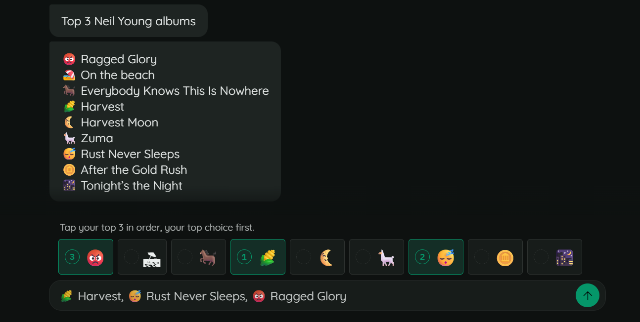 The same ranking in a web Convo, with ten Neil Young albums listed with their emoji in a message bubble and a row of nine emoji tiles below, three of them outlined in green with badges 1, 2 and 3 while the rest show an empty circle, and the composed answer sitting in the input bar