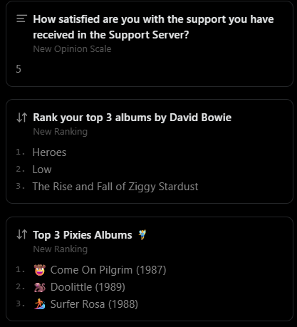 A response detail panel showing one respondent's answers, including two ranking questions each rendered as a numbered list of three albums in the order that person chose, with the items' emoji preserved