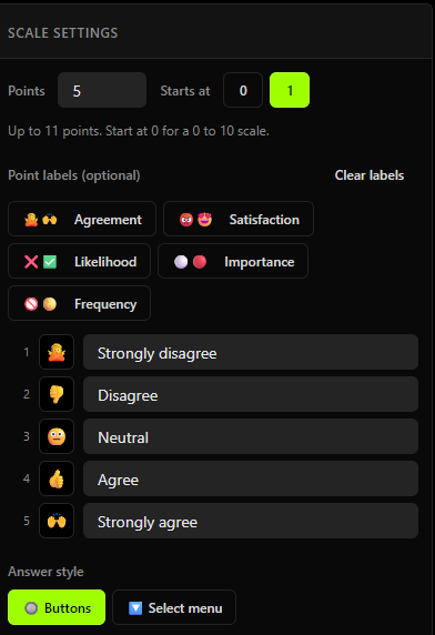 The Opinion Scale editor with Points set to 5, Starts at 1 selected, five preset chips reading Agreement, Satisfaction, Likelihood, Importance and Frequency, and the five points filled in below as 1 angry face Strongly disagree, 2 thumbs down Disagree, 3 neutral face Neutral, 4 thumbs up Agree, 5 raised hands Strongly agree, with a Buttons and Select menu answer-style toggle