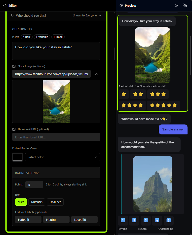 The Script Editor with a star Rating block on the left, Points set to 5 with the hint 2 to 10 points always starting at 1, the Stars, Numbers and Emoji set toggle, endpoint labels Hated it, Neutral and Loved it!, and a preview on the right showing the question with a legend reading 1 = Hated it, 3 = Neutral, 5 = Loved it! above two rows of star buttons