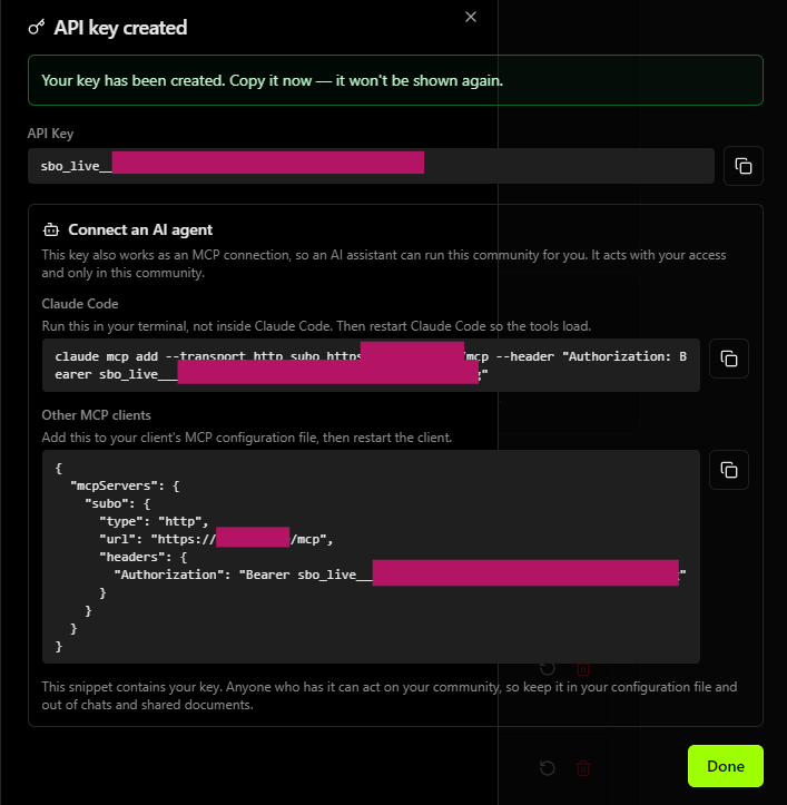The "Connect an AI agent" panel on the Account page, with the Claude Code command and copy buttons