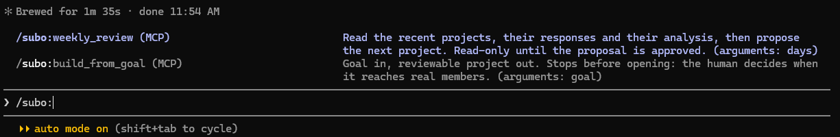 Claude Code's command list after typing /subo, showing /subo:weekly_review and /subo:build_from_goal
