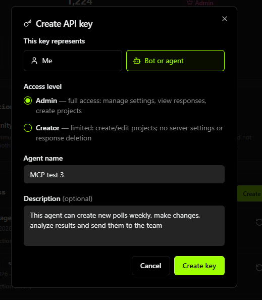 The Create API key dialog with Bot or agent selected, Admin access, an agent name and a description