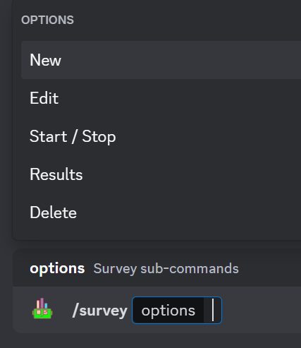 Screenshot with the /survey > New command to create a new survey