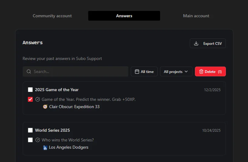 Screenshot of the Accounts page showing some past answers