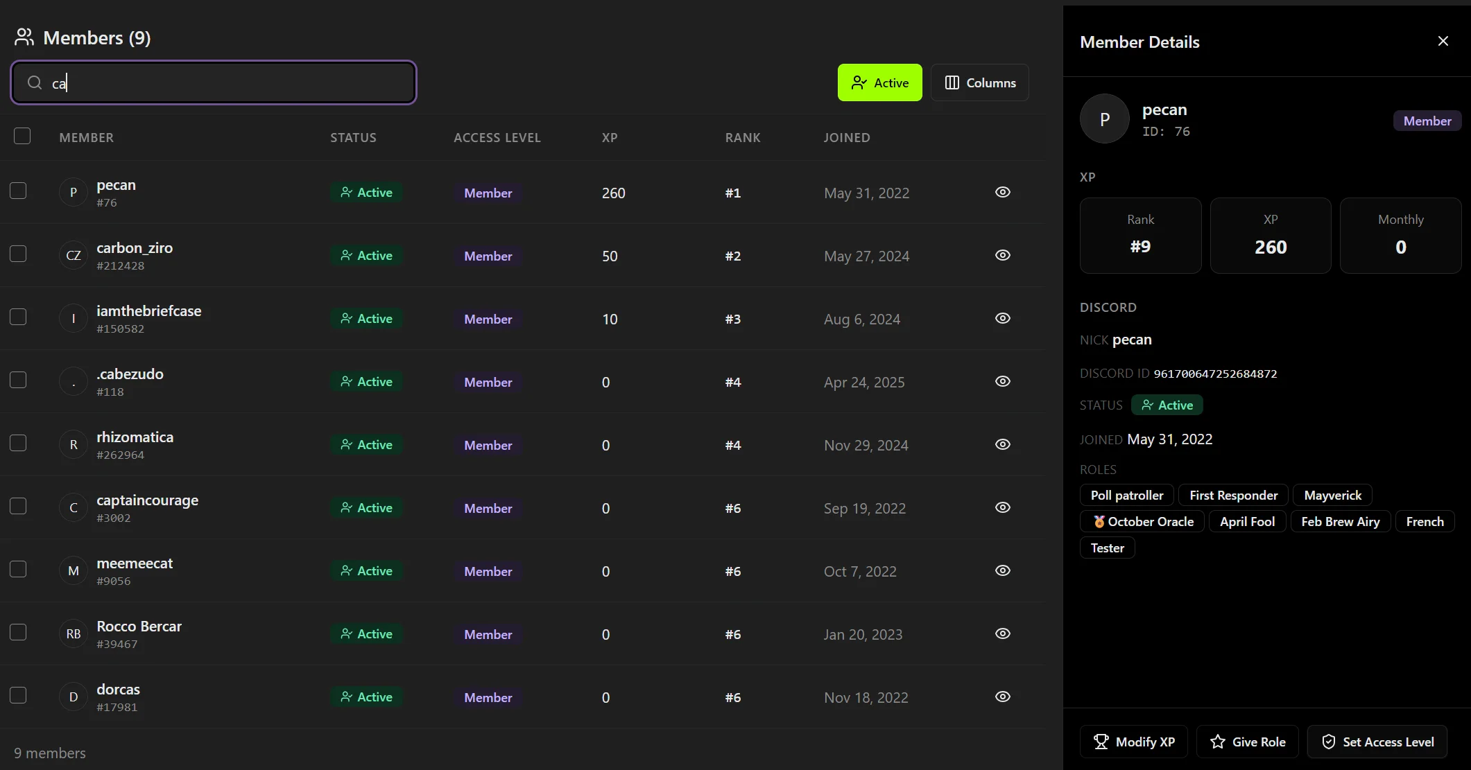 Screenshot of the members page showing detsails of one member