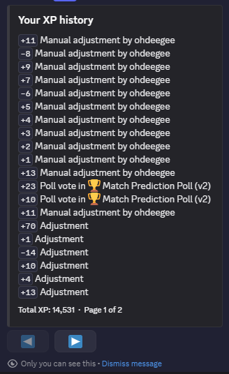 The result of the /xp-history slash command in Discord
